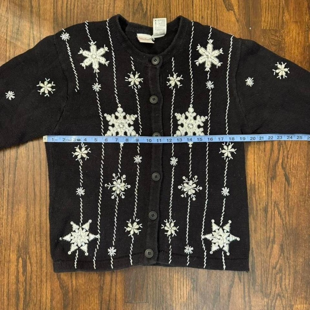 Vintage 90s Black Button Up Cardigan With White Snowflakes Size Large Knitwear - Picture 5 of 7